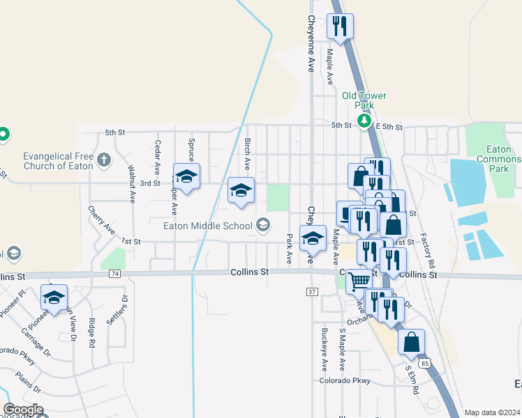 map of restaurants, bars, coffee shops, grocery stores, and more near 204 South Cottonwood Avenue in Eaton