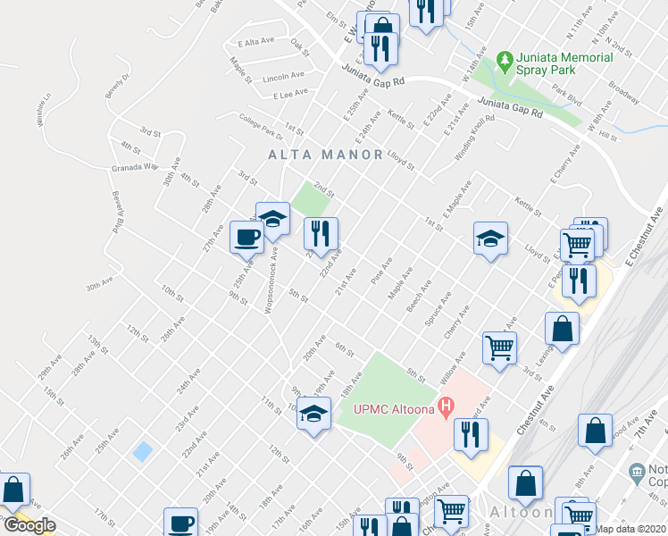 map of restaurants, bars, coffee shops, grocery stores, and more near 331 22nd Avenue in Altoona