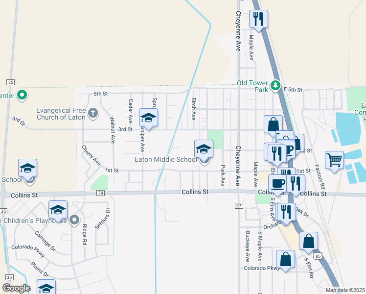 map of restaurants, bars, coffee shops, grocery stores, and more near 114 Park Avenue in Eaton