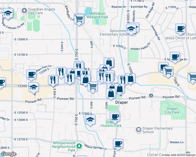 map of restaurants, bars, coffee shops, grocery stores, and more near 12257 South 800 East in Draper