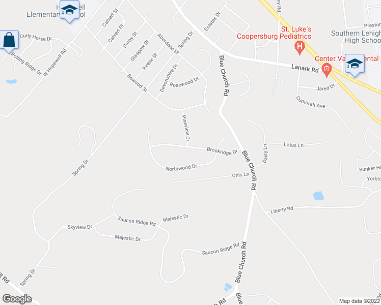 map of restaurants, bars, coffee shops, grocery stores, and more near 4642 Brookridge Drive in Center Valley