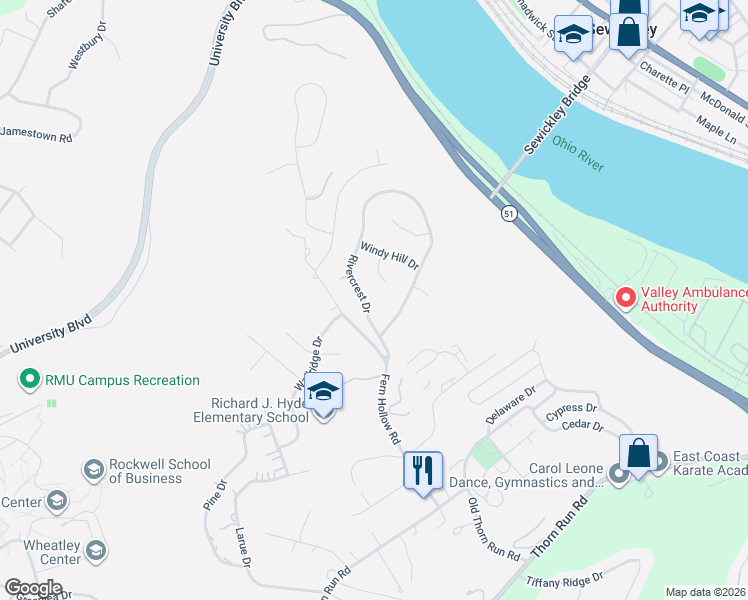 map of restaurants, bars, coffee shops, grocery stores, and more near 103 Rivercrest Drive in Coraopolis