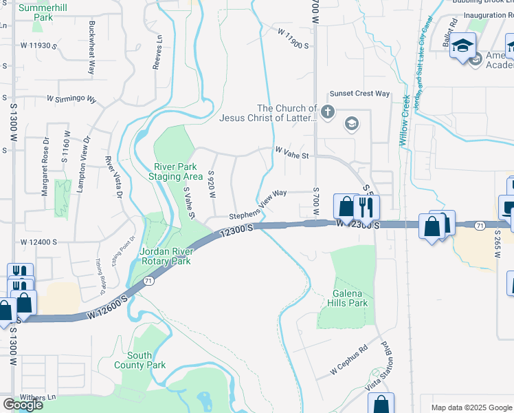 map of restaurants, bars, coffee shops, grocery stores, and more near 828 Stephens View Way in Draper