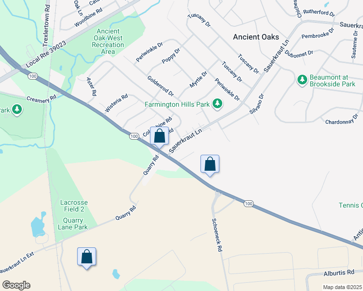 map of restaurants, bars, coffee shops, grocery stores, and more near 7359 Sauerkraut Lane in Macungie