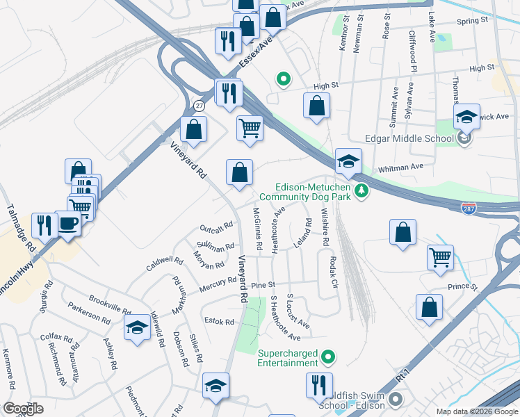 map of restaurants, bars, coffee shops, grocery stores, and more near 15 Mc Ginnis Road in Edison
