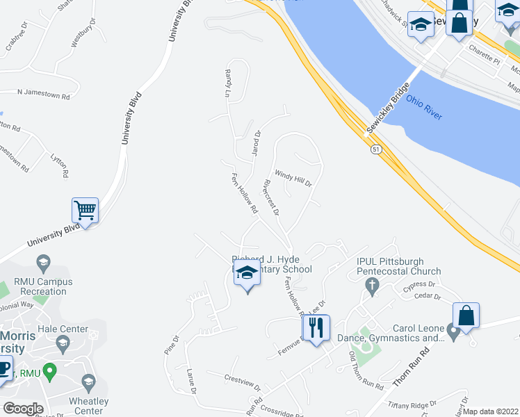 map of restaurants, bars, coffee shops, grocery stores, and more near 200 Fern Hollow Road in Moon