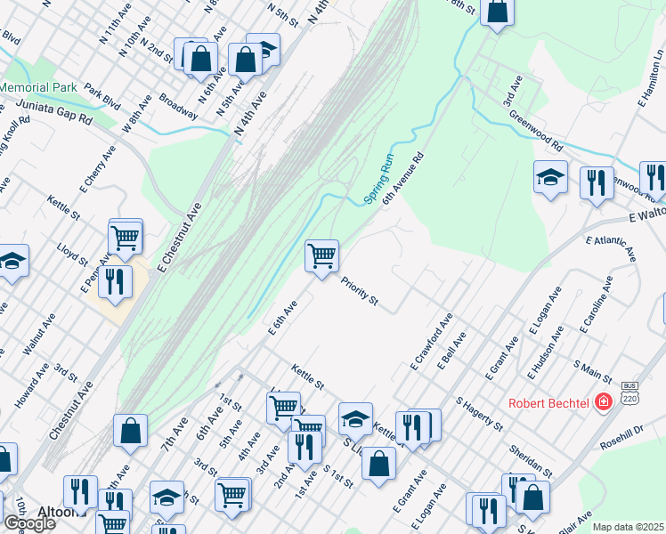 map of restaurants, bars, coffee shops, grocery stores, and more near 601-03 6th Avenue Road in Altoona