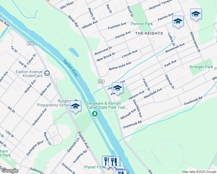 map of restaurants, bars, coffee shops, grocery stores, and more near 6 Highland Avenue in Piscataway
