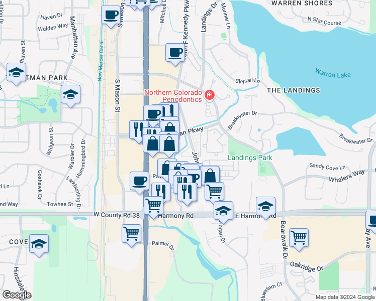 map of restaurants, bars, coffee shops, grocery stores, and more near 314 Pavilion Lane in Fort Collins