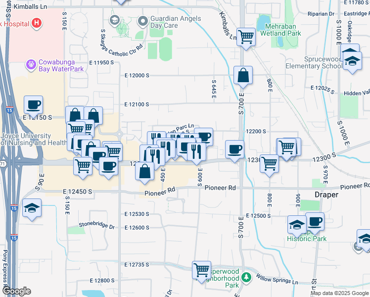 map of restaurants, bars, coffee shops, grocery stores, and more near 541 East 12300 South in Draper