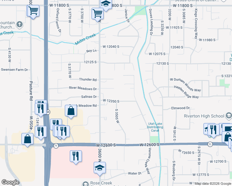 map of restaurants, bars, coffee shops, grocery stores, and more near 3530 West 12340 South in Riverton