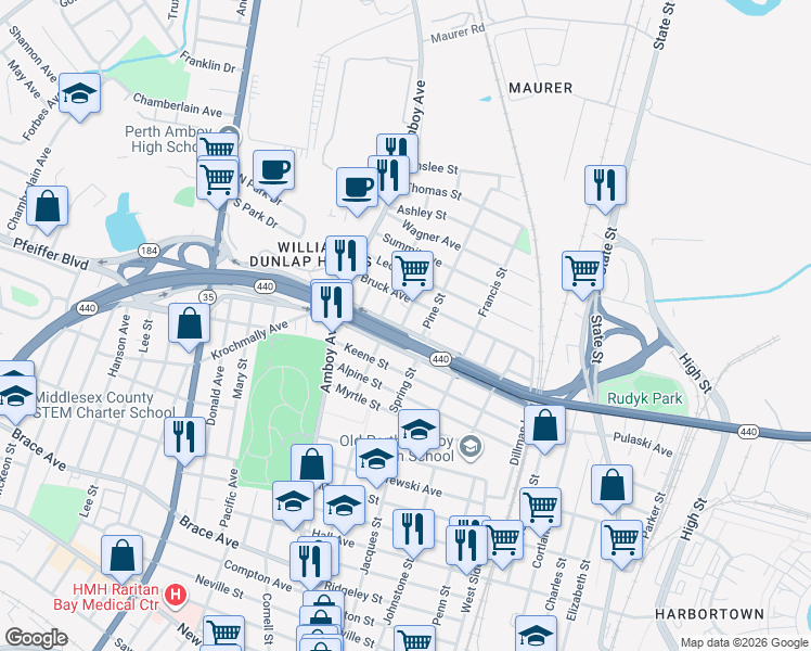 map of restaurants, bars, coffee shops, grocery stores, and more near 401 Grove Street in Perth Amboy