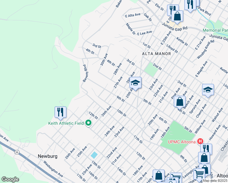 map of restaurants, bars, coffee shops, grocery stores, and more near 909 27th Avenue in Altoona