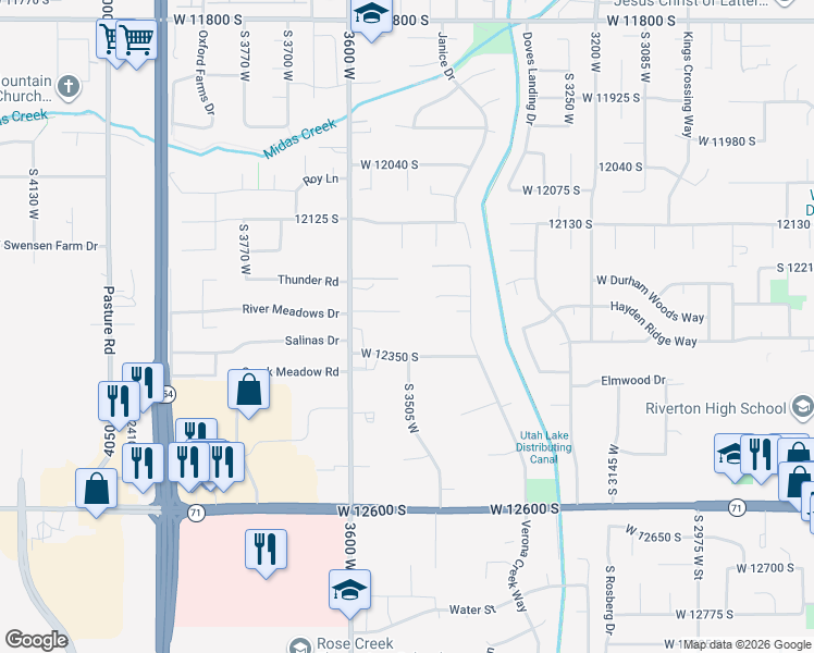 map of restaurants, bars, coffee shops, grocery stores, and more near 3530 West 12340 South in Riverton