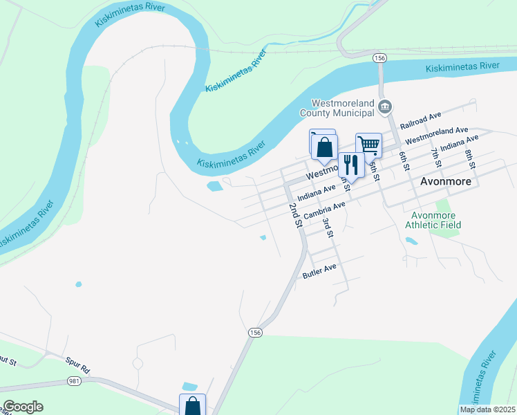 map of restaurants, bars, coffee shops, grocery stores, and more near 28 Indiana Avenue in Avonmore
