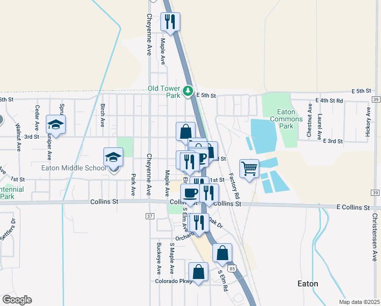 map of restaurants, bars, coffee shops, grocery stores, and more near 207 Elm Avenue in Eaton
