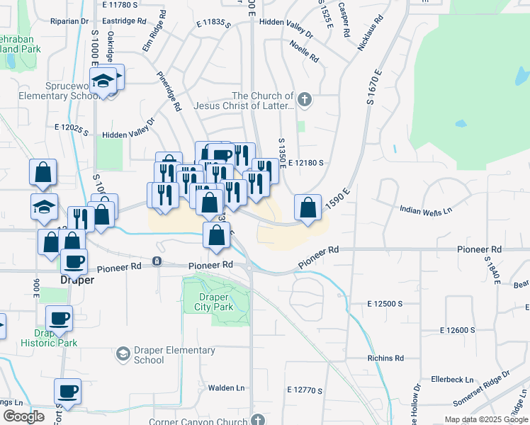 map of restaurants, bars, coffee shops, grocery stores, and more near 14312 Draper Gate Drive in Draper