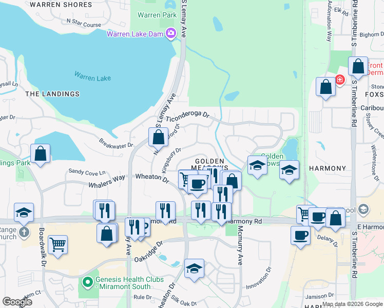 map of restaurants, bars, coffee shops, grocery stores, and more near 4219 Cape Cod Circle in Fort Collins