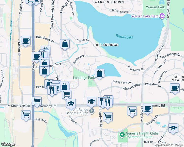 map of restaurants, bars, coffee shops, grocery stores, and more near 4255 Westshore Way in Fort Collins