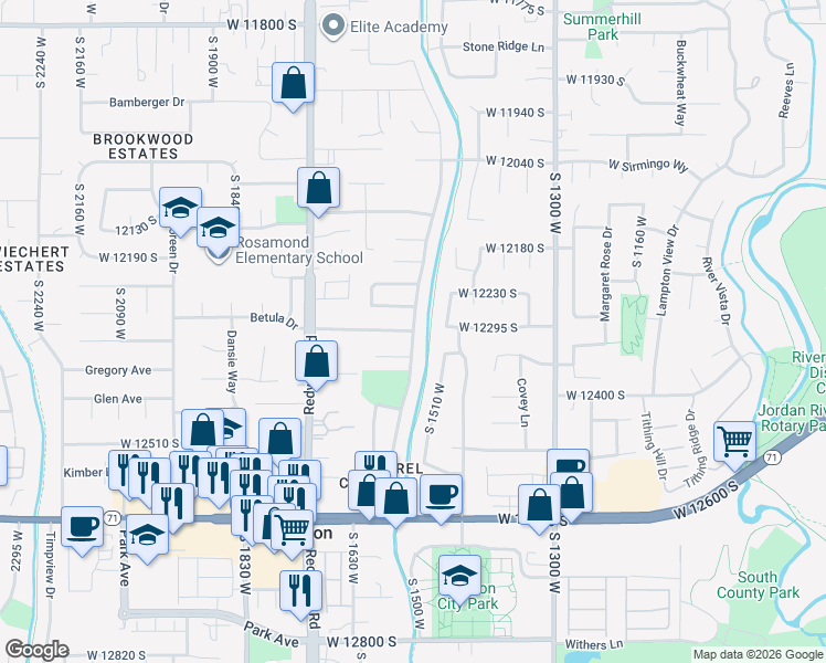 map of restaurants, bars, coffee shops, grocery stores, and more near 12300 Laurel Chase Drive in Riverton