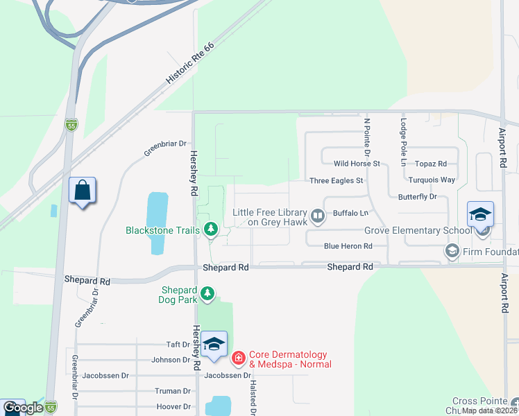 map of restaurants, bars, coffee shops, grocery stores, and more near 2616 Shale Road in Normal
