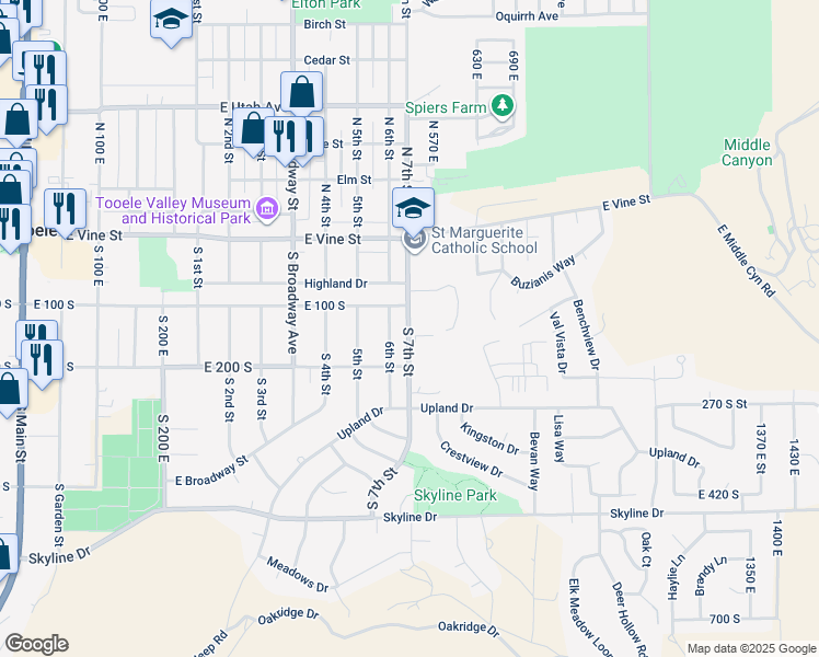 map of restaurants, bars, coffee shops, grocery stores, and more near 135 South 7th Street in Tooele