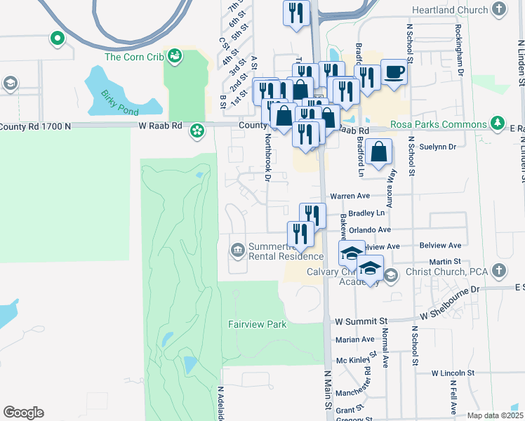 map of restaurants, bars, coffee shops, grocery stores, and more near 1507 Northbrook Drive in Normal