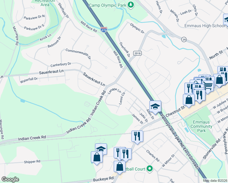 map of restaurants, bars, coffee shops, grocery stores, and more near 3549 Lenape Lane in Emmaus