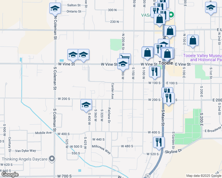 map of restaurants, bars, coffee shops, grocery stores, and more near 264 International Avenue in Tooele