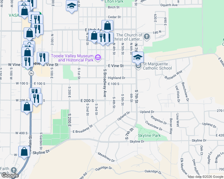 map of restaurants, bars, coffee shops, grocery stores, and more near 134 South 4th Street in Tooele
