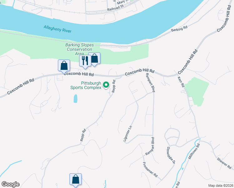 map of restaurants, bars, coffee shops, grocery stores, and more near 620 Repp Road in New Kensington