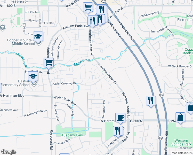 map of restaurants, bars, coffee shops, grocery stores, and more near 12289 South Armenia Court in Herriman