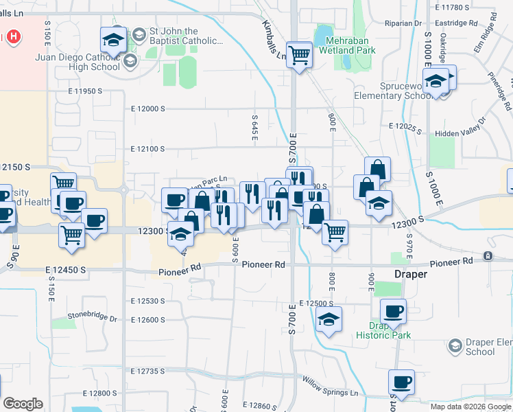 map of restaurants, bars, coffee shops, grocery stores, and more near 12214 South 670 East in Draper