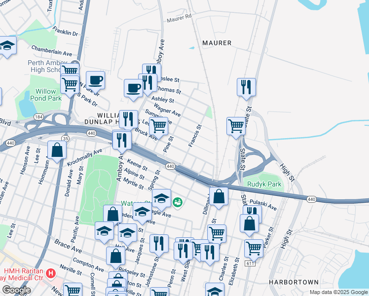 map of restaurants, bars, coffee shops, grocery stores, and more near 356 Leon Avenue in Perth Amboy
