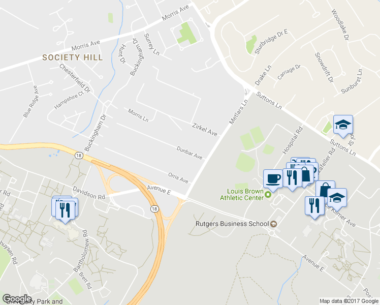 map of restaurants, bars, coffee shops, grocery stores, and more near 10 Dunbar Avenue in Piscataway Township