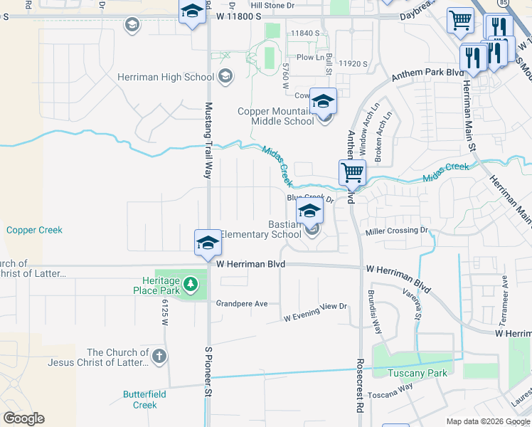 map of restaurants, bars, coffee shops, grocery stores, and more near 12292 Tuff Canyon Cove in Herriman