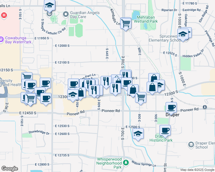 map of restaurants, bars, coffee shops, grocery stores, and more near 652 East 12225 South in Draper