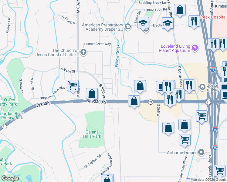 map of restaurants, bars, coffee shops, grocery stores, and more near 12235 Ryder Court in Draper