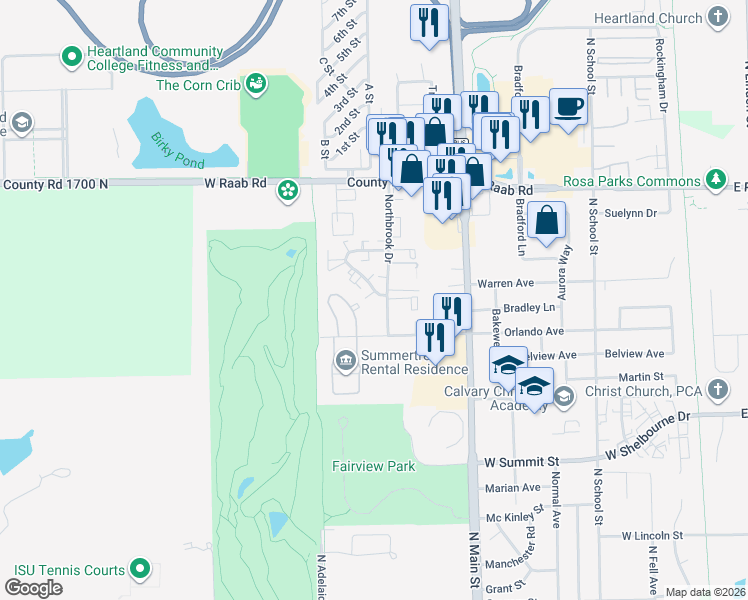 map of restaurants, bars, coffee shops, grocery stores, and more near 703 South Golfcrest Road in Normal