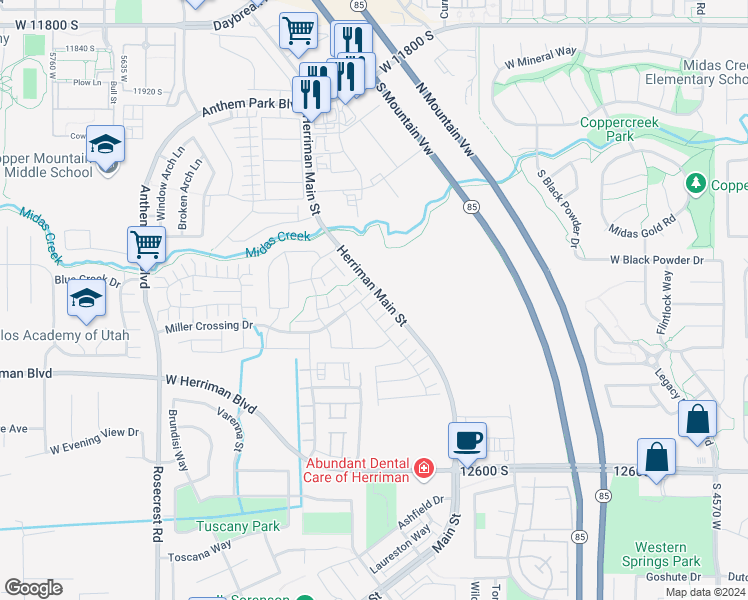 map of restaurants, bars, coffee shops, grocery stores, and more near 5176 Aria Court in Herriman