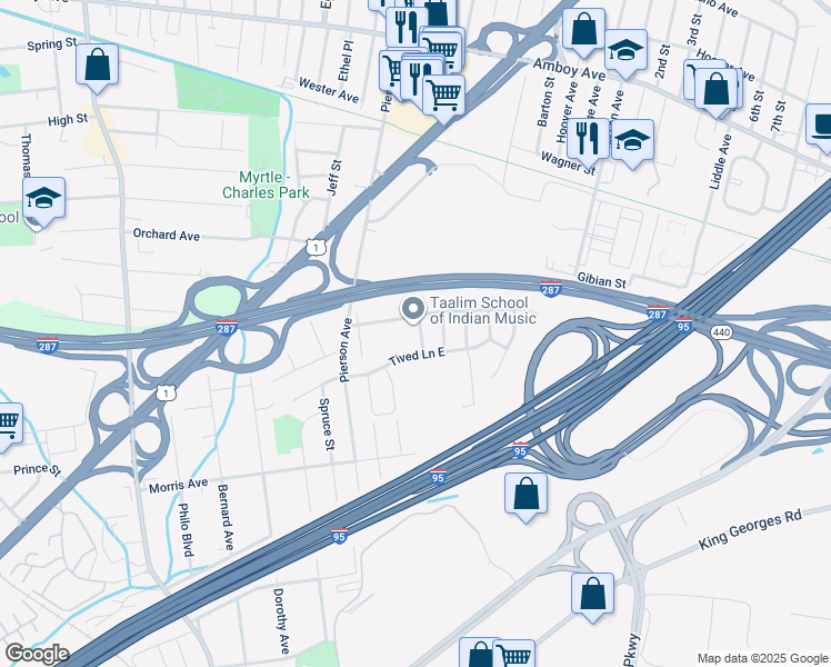 map of restaurants, bars, coffee shops, grocery stores, and more near 9 Chokeberry Drive in Edison