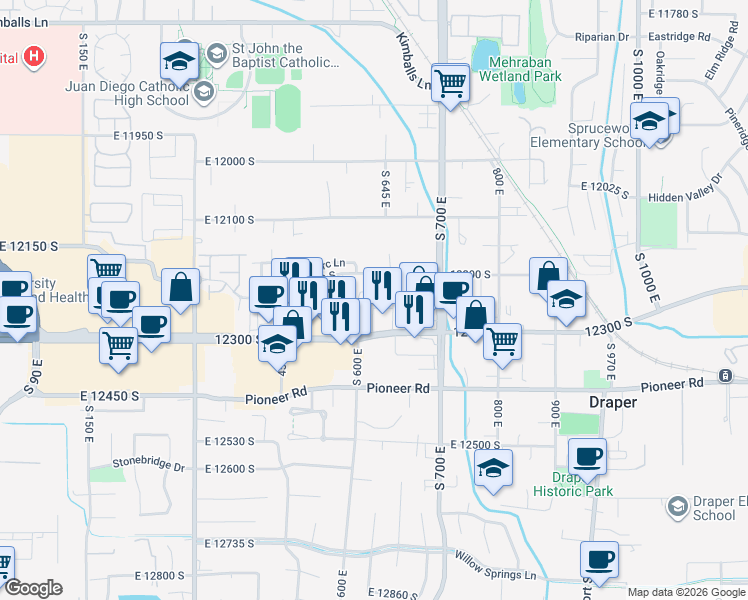 map of restaurants, bars, coffee shops, grocery stores, and more near 619 East 12225 South in Draper
