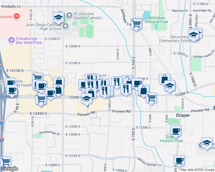 map of restaurants, bars, coffee shops, grocery stores, and more near 619 East 12225 South in Draper