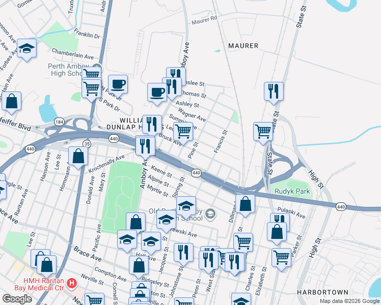 map of restaurants, bars, coffee shops, grocery stores, and more near 391 Leon Avenue in Perth Amboy