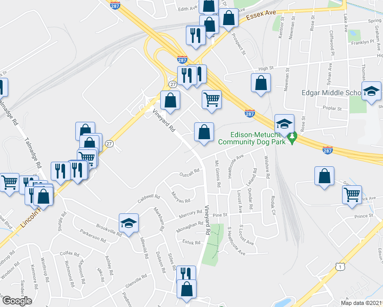 map of restaurants, bars, coffee shops, grocery stores, and more near 199 Vineyard Road in Edison