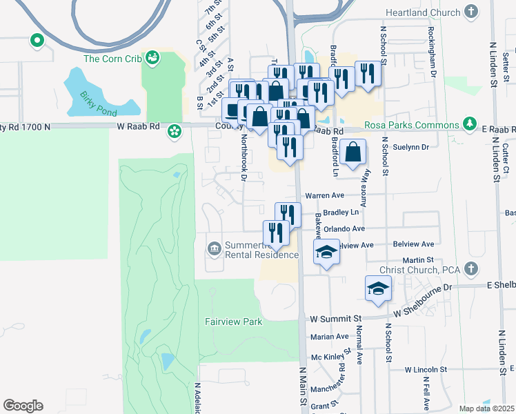 map of restaurants, bars, coffee shops, grocery stores, and more near 1506 Northbrook Drive in Normal