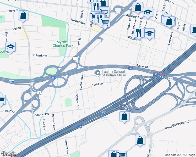 map of restaurants, bars, coffee shops, grocery stores, and more near 9 Chokeberry Drive in Edison