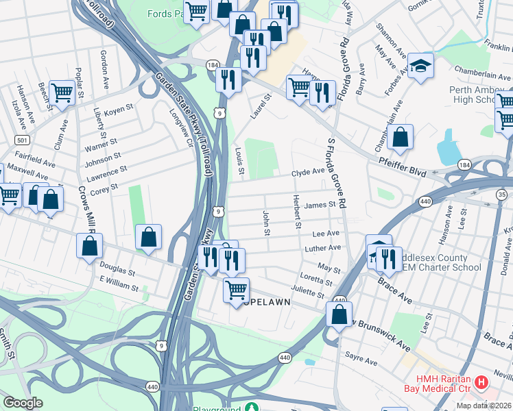 map of restaurants, bars, coffee shops, grocery stores, and more near 112 James Street in Perth Amboy