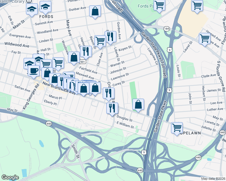 map of restaurants, bars, coffee shops, grocery stores, and more near 9 Corey Street in Woodbridge Township