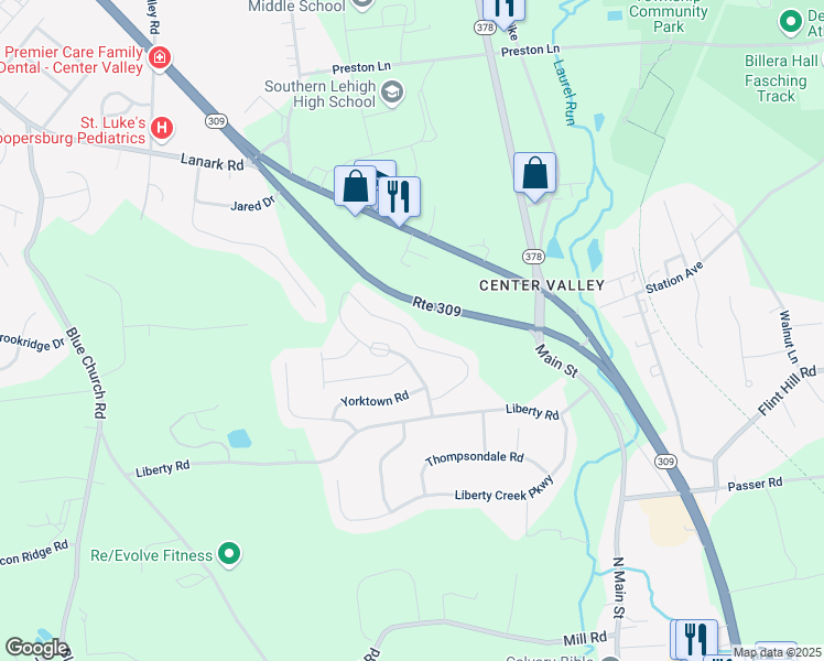 map of restaurants, bars, coffee shops, grocery stores, and more near 6040 Valley Forge Drive in Coopersburg